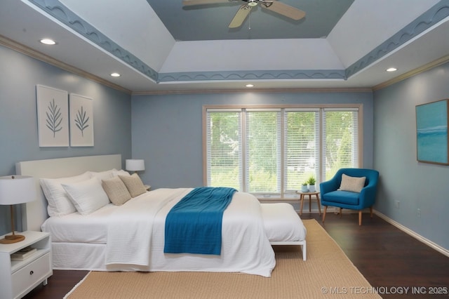 5941 E 87th St, Tulsa, OK 74133 - bedroom featuring a raised ceiling, ornamental molding, dark wood-style flooring, recessed lighting, and a ceiling fan