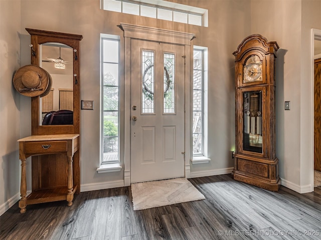 entryway with baseboards and dark wood-style flooring