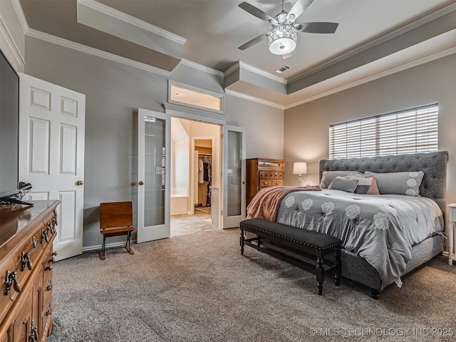 carpeted bedroom with ornamental molding, french doors, baseboards, and ceiling fan