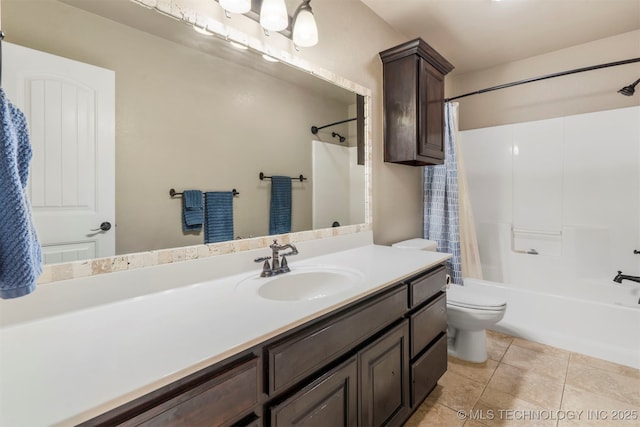 full bathroom with toilet, shower / bath combination with curtain, vanity, and tile patterned floors