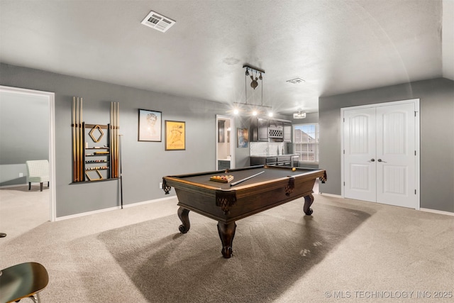 playroom with carpet flooring, pool table, and baseboards