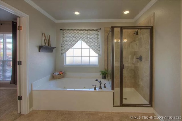 full bathroom featuring a shower stall, a jetted tub, crown molding, and recessed lighting