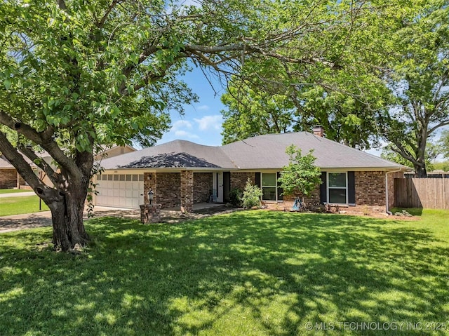1205 Beaverly, Ardmore, OK 73401 - ranch-style home with an attached garage, brick siding, a chimney, and driveway