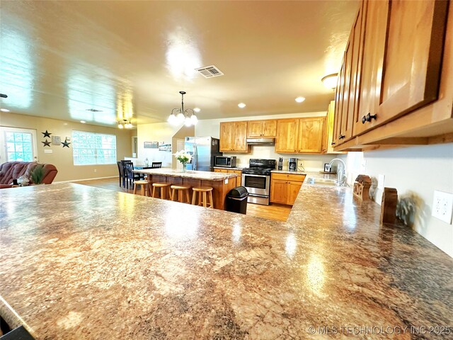 114537 Spring Creek Rd, Eufaula, OK 74432 - kitchen featuring stainless steel appliances, a sink, under cabinet range hood, a center island, and open floor plan