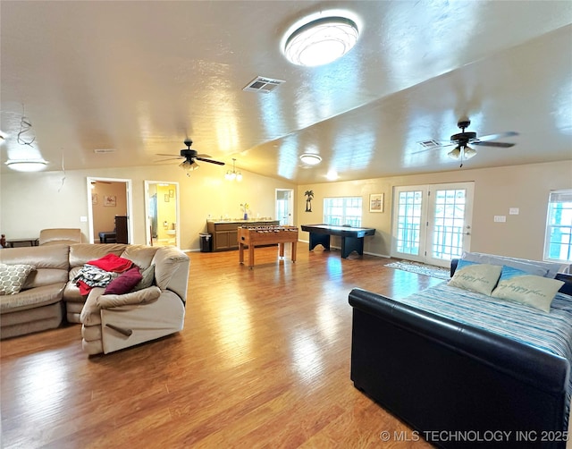 114537 Spring Creek Rd, Eufaula, OK 74432 - living area with a ceiling fan, billiards table, light wood-style floors, and lofted ceiling