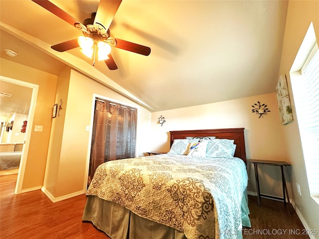114537 Spring Creek Rd, Eufaula, OK 74432 - bedroom featuring vaulted ceiling, dark wood-type flooring, baseboards, and a ceiling fan