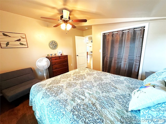 114537 Spring Creek Rd, Eufaula, OK 74432 - bedroom featuring ceiling fan and dark colored carpet
