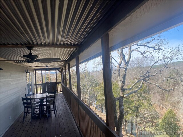 174550 N 4430th Rd N, Nashoba, OK 74558 - wooden terrace featuring a ceiling fan, outdoor dining space, and a mountain view
