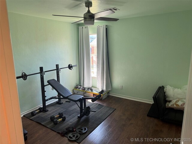 4715 Travertine, Ardmore, OK 73401 - workout area featuring wood finished floors, ceiling fan, and baseboards