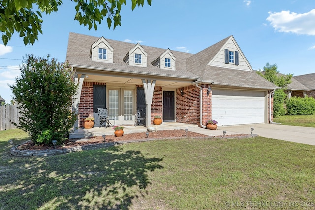 cape cod home with brick siding, french doors, concrete driveway, a garage, and covered porch