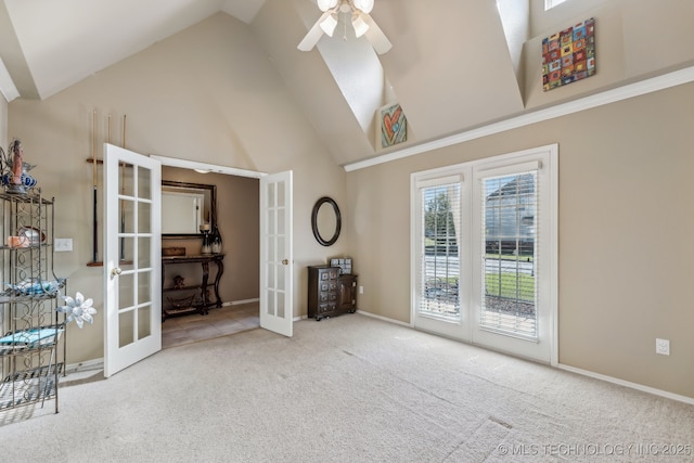 carpeted bedroom featuring french doors, access to outside, high vaulted ceiling, baseboards, and a ceiling fan