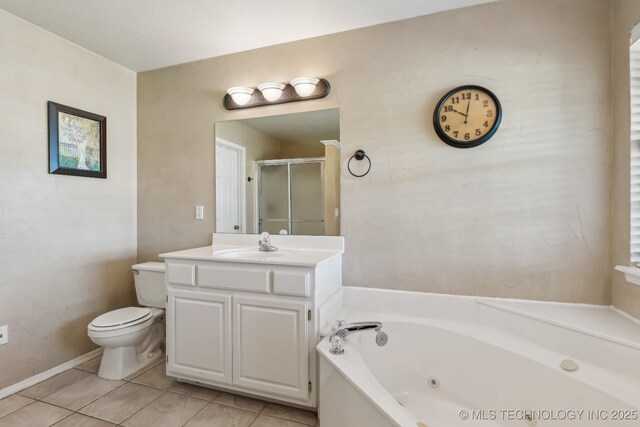 full bathroom featuring toilet, a shower stall, a whirlpool tub, tile patterned flooring, and vanity
