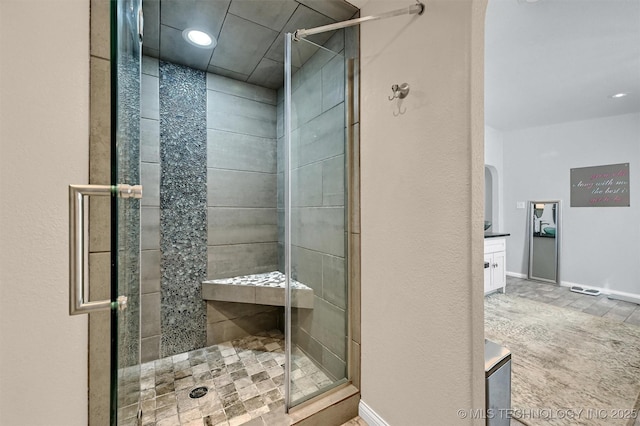 17983 Nuttin Ln, Madill, OK 73446 - full bath with a stall shower, recessed lighting, and baseboards