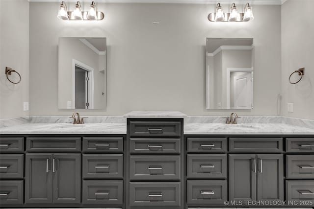 full bathroom featuring vanity, ornamental molding, and a chandelier