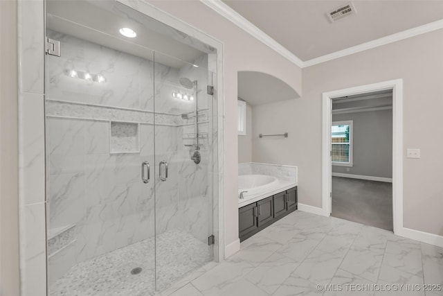 full bath with crown molding, baseboards, a marble finish shower, and marble finish flooring