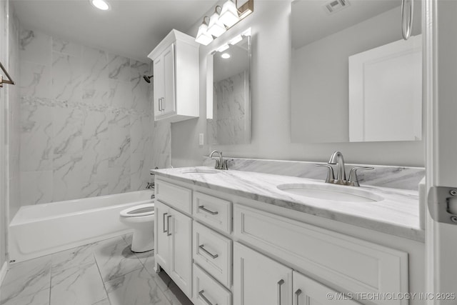 full bathroom featuring marble finish flooring, recessed lighting, double vanity,  shower combination, and toilet