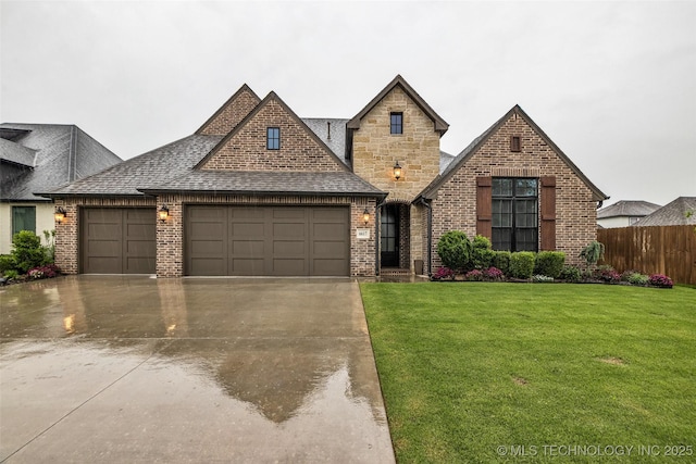 french country style house with a garage, brick siding, a shingled roof, and concrete driveway