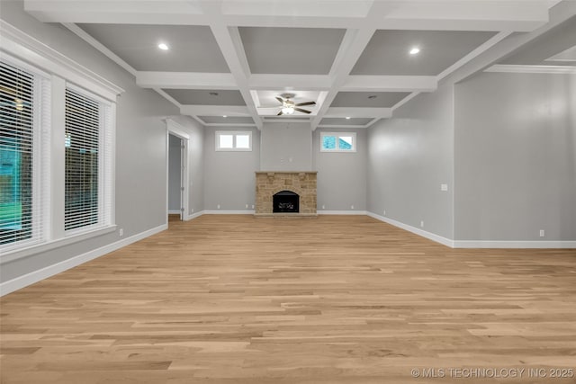 unfurnished living room featuring a ceiling fan, light wood-style floors, baseboards, beam ceiling, and recessed lighting