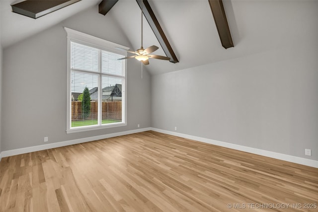 unfurnished room with light wood-style floors, a ceiling fan, and baseboards