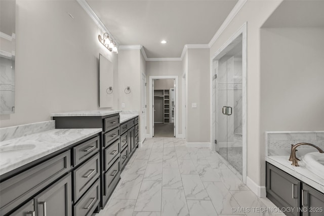 full bath featuring marble finish floors, a marble finish shower, crown molding, recessed lighting, and baseboards