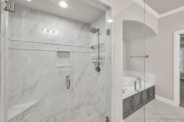 full bathroom with a marble finish shower, ornamental molding, baseboards, marble look tile flooring, and vanity