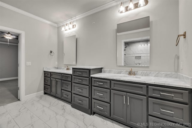 bathroom featuring ornamental molding, marble finish floors, double vanity, baseboards, and ceiling fan