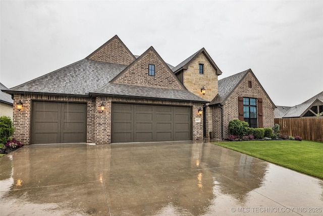 french country inspired facade with an attached garage, brick siding, concrete driveway, and a shingled roof