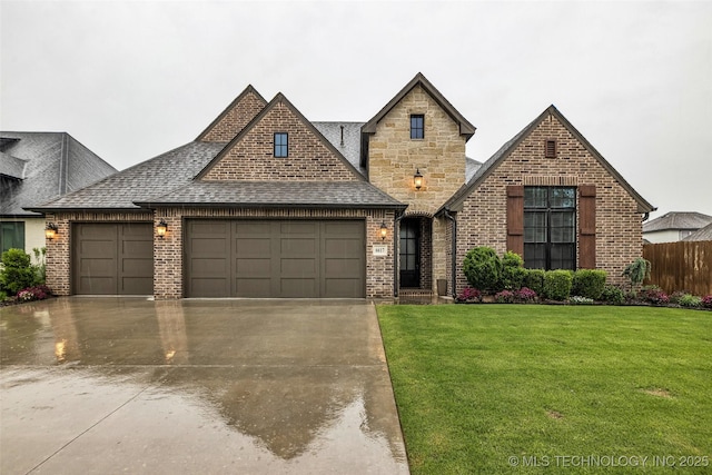 french country inspired facade with an attached garage, roof with shingles, brick siding, and driveway