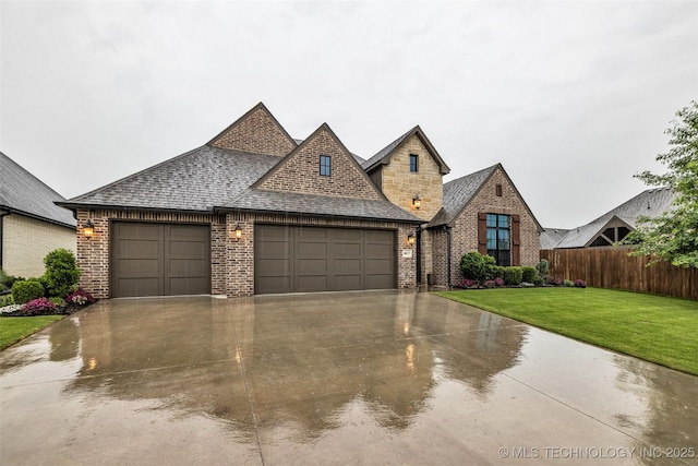 french country home with a garage, brick siding, driveway, and roof with shingles