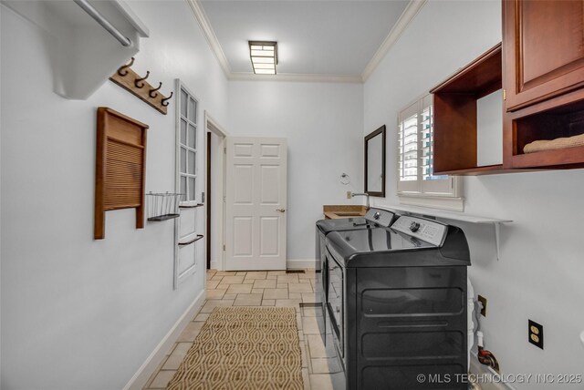 9304 E 113th St S, Bixby, OK 74008 - washroom featuring cabinet space, washing machine and clothes dryer, ornamental molding, and light tile patterned floors