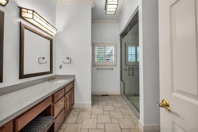 9304 E 113th St S, Bixby, OK 74008 - full bath featuring vanity, a stall shower, and crown molding
