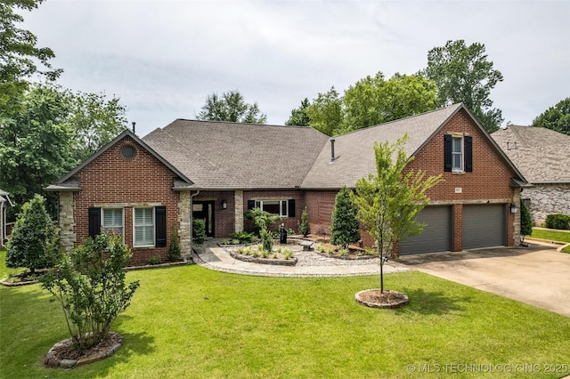 9304 E 113th St S, Bixby, OK 74008 - view of front of property featuring brick siding, concrete driveway, a front lawn, a shingled roof, and an attached garage
