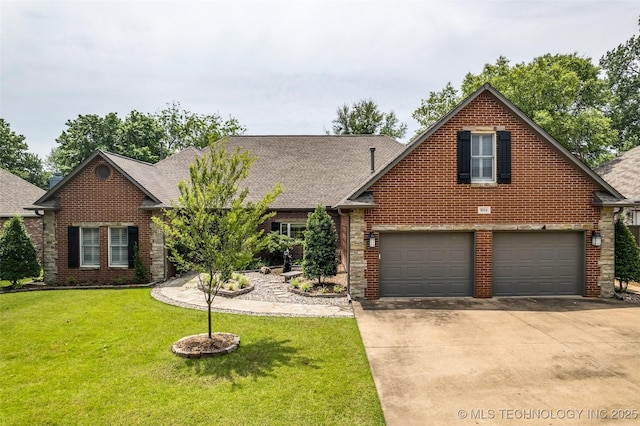 9304 E 113th St S, Bixby, OK 74008 - view of front facade with brick siding, driveway, a front yard, and roof with shingles