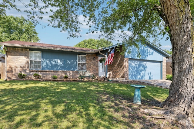 ranch-style house with a garage, brick siding, and concrete driveway