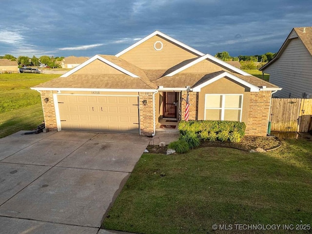 14708 E 108th St N, Owasso, OK 74055 - single story home featuring brick siding, concrete driveway, an attached garage, and a shingled roof