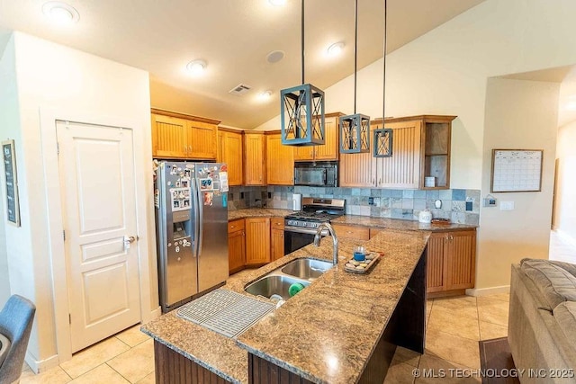 14708 E 108th St N, Owasso, OK 74055 - kitchen featuring appliances with stainless steel finishes, light tile patterned flooring, a sink, tasteful backsplash, and vaulted ceiling