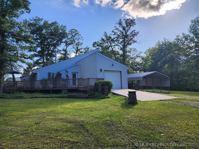 14360 County Road 3505th Loop, Ada, OK 74820 - view of side of property with a yard, a wooden deck, a garage, and concrete driveway