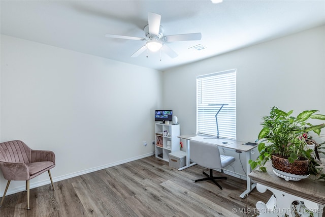 office featuring wood finished floors, ceiling fan, and baseboards