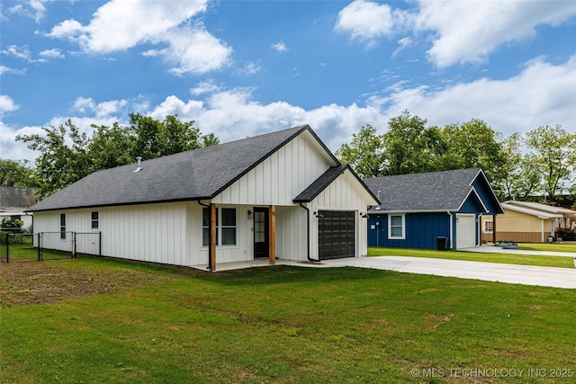 modern inspired farmhouse with an attached garage, concrete driveway, and a shingled roof