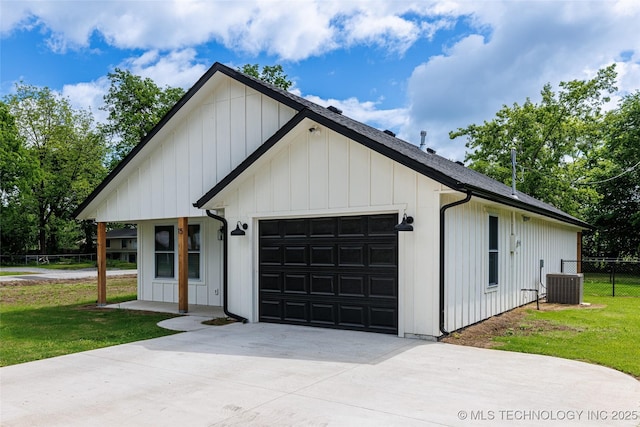 modern farmhouse style home with concrete driveway, cooling unit, a garage, and board and batten siding