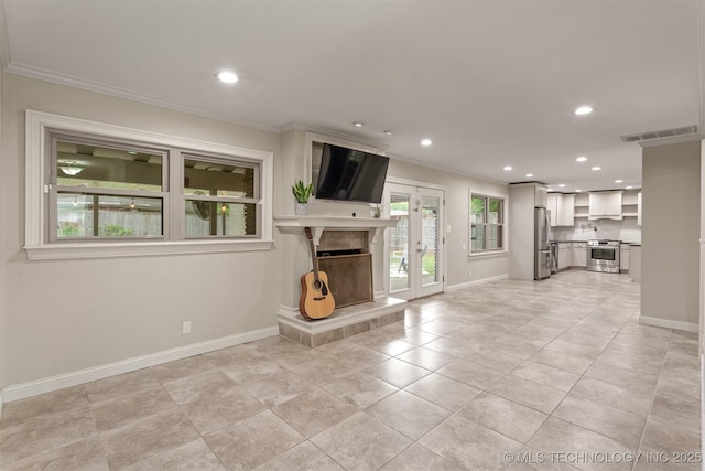 unfurnished living room featuring crown molding, recessed lighting, baseboards, a fireplace, and light tile patterned flooring