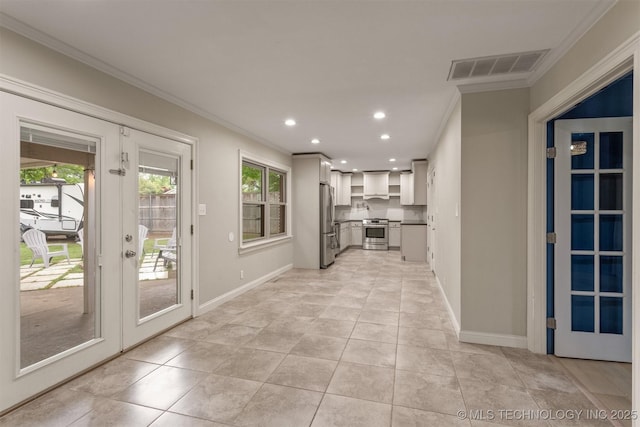 kitchen featuring appliances with stainless steel finishes, crown molding, open shelves, custom range hood, and recessed lighting