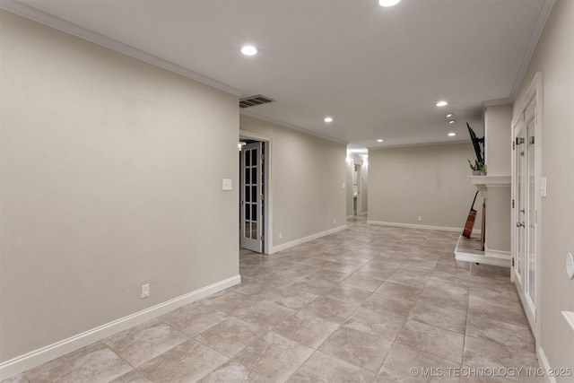 below grade area featuring recessed lighting, crown molding, baseboards, and a fireplace with raised hearth