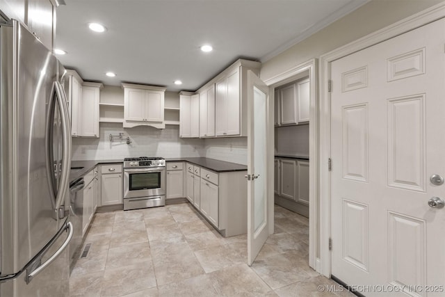 kitchen with appliances with stainless steel finishes, open shelves, dark countertops, backsplash, and recessed lighting