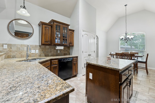 9401 N 95th E Pl, Owasso, OK 74055 - kitchen featuring black dishwasher, a sink, lofted ceiling, a chandelier, and light stone counters