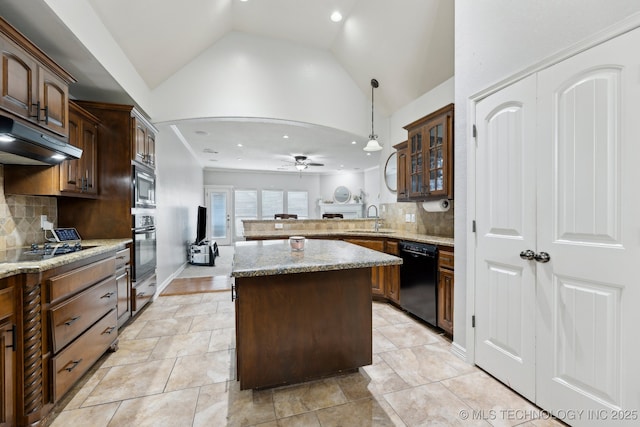 9401 N 95th E Pl, Owasso, OK 74055 - kitchen featuring black appliances, ceiling fan, glass insert cabinets, light stone countertops, and lofted ceiling