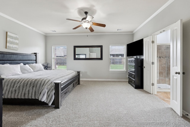 9401 N 95th E Pl, Owasso, OK 74055 - carpeted bedroom featuring crown molding, multiple windows, baseboards, connected bathroom, and ceiling fan