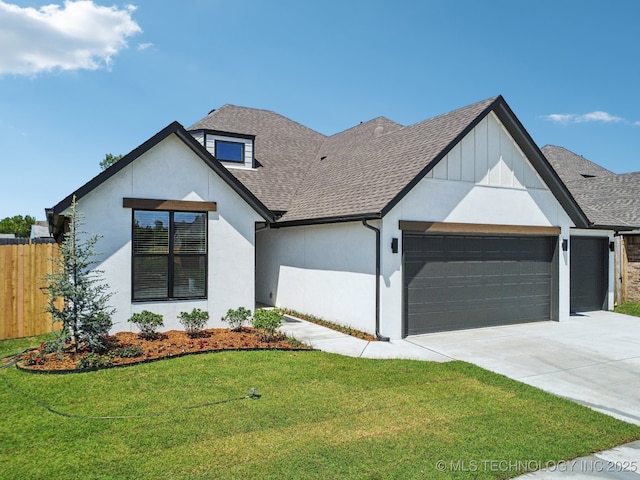view of front of home with a garage, roof with shingles, concrete driveway, and stucco siding