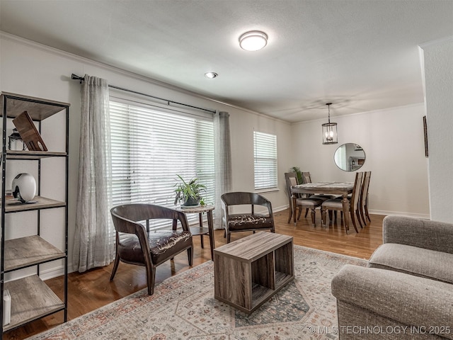 living area with crown molding, light wood finished floors, and baseboards