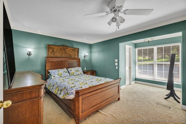 3112 Shore Dr, Grove, OK 74344 - bedroom featuring light carpet, ornamental molding, baseboards, a ceiling fan, and access to exterior